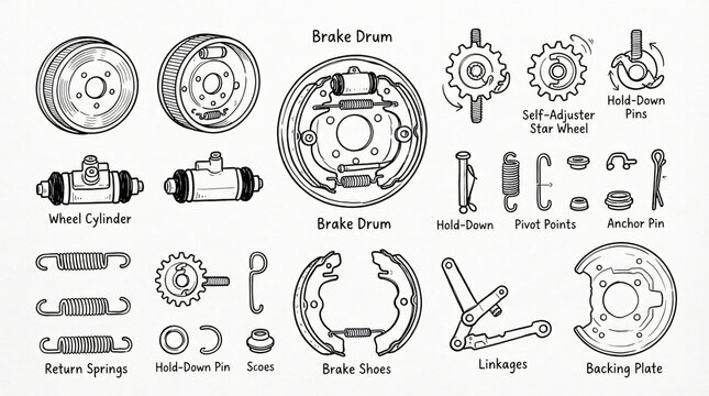 Car Drum Brake Mechanism Line Art Doodle Graphic Collection Hand Drawn Wheel Cylinder Return Spring Self Adjuster Star Wheel Hold Down Pin Black Ink Strictly Textless White Background Asset