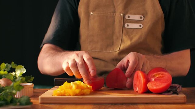 Chop tomato close up, Diced kumato tomatoes on a cutting board for Italian sauce, chef cut tomatoes with knife for gazpacho or salad 