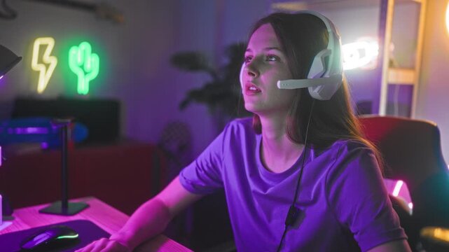 Woman gamer adjusting headset and holding head with hand at computer studio near neon signs and gaming desk; frustration fatigue.
