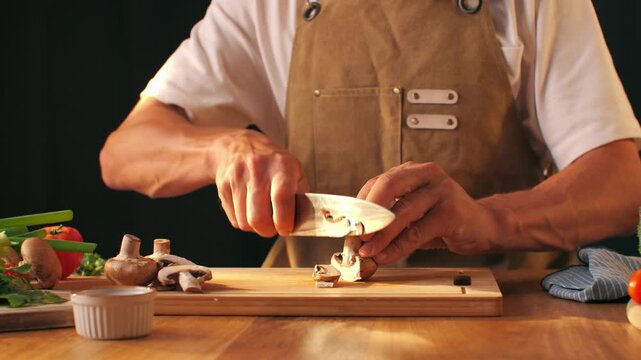 Man cut champignon button Fresh Royal oyster mushrooms, cooking on a wooden cutting board cafe asian restaurant kitchen, vibrant scene of food preparation