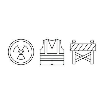 Industrial Safety Icon Set: Radiation Symbol, Safety Vest, and Road Barrier Line Art