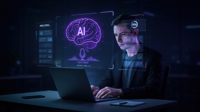 Male software developer working on artificial intelligence project with glowing brain neural network interface on laptop in dark office