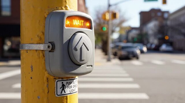 Adult hand holds down crosswalk button on yellow pole beside city road, and pedestrian signal changes to orange WAIT. Blurred traffic and zebra crossing frame urban street safety moment in daylight.