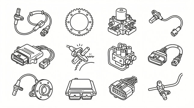 Car ABS Sensor Electronic Control Line Art Doodle Illustration Collection Hand Drawn Wheel Speed Sensor Magnetic Tone Ring Modulator Valve Stroke Thickness Strictly Textless White Background