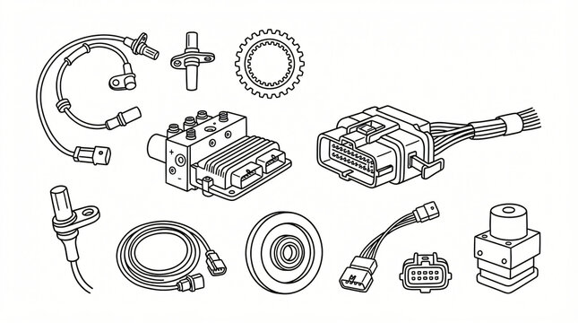 Car ABS Sensor Electronic Control Line Art Doodle Illustration Collection Hand Drawn Wheel Speed Sensor Magnetic Tone Ring Modulator Valve Stroke Thickness Strictly Textless White Background