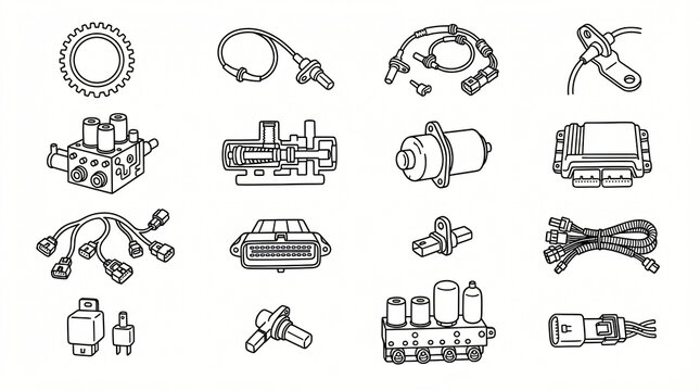 Car ABS Sensor Electronic Control Line Art Doodle Illustration Collection Hand Drawn Wheel Speed Sensor Magnetic Tone Ring Modulator Valve Stroke Thickness Strictly Textless White Background