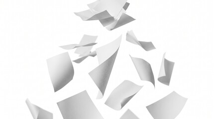 Obraz premium Scattered White Papers Falling in Air Against White Background