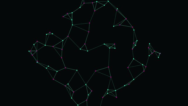 Abstract geometric network animation with glowing green and pink nodes connected by lines on black background