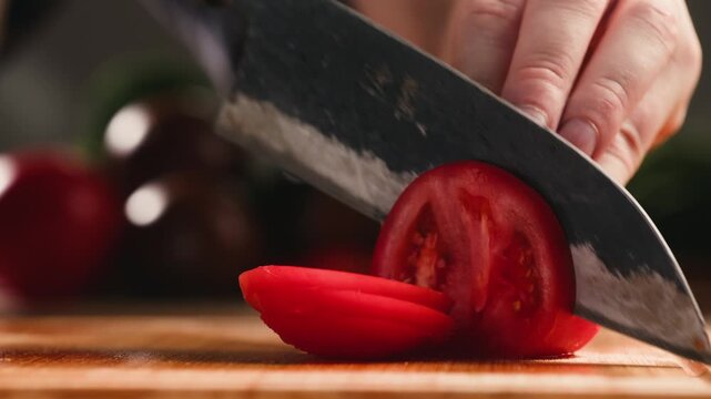 Chop tomato close up, Diced kumato tomatoes on a cutting board for Italian sauce, chef cut tomatoes with knife. 