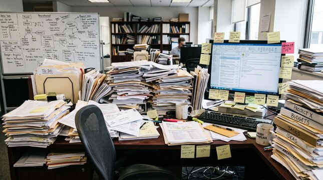 Messy office desk with piles of paper and sticky notes