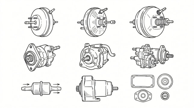 Car Brake Vacuum Pump Booster Line Art Doodle Collection Hand Drawn Round Booster Shell Check Valve Mechanical Pump Gasket Icon Design Flat Outline Style Strictly Textless White Background