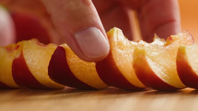Chef cutting peach, apricot, nectarine and grapes with knife, preparing fruit salad for breakfast, homemade jam and juice