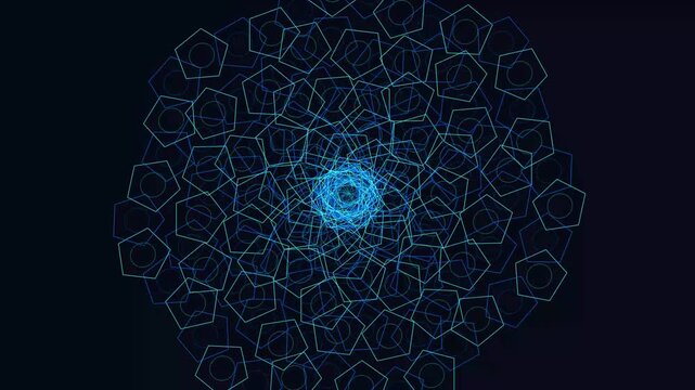 Blue Neon Pentagon Wireframe Tunnel Rotating In Spiral Vortex Abstract Futuristic Geometric Background Motion
