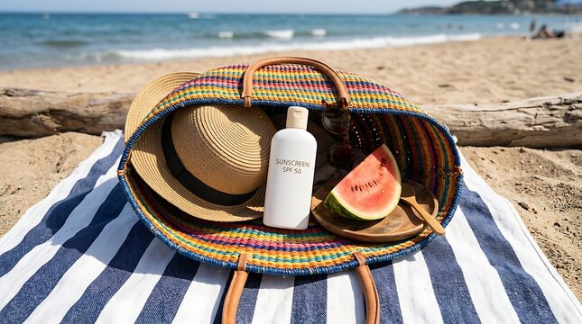 Colorful Straw Beach Bag Suncreen Hat Watermelon on Striped Towel