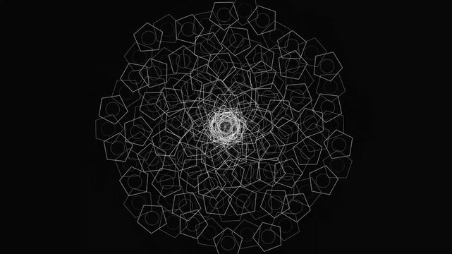Abstract white wireframe pentagon spiral vortex tunnel loop on black background hypnotic geometric animation