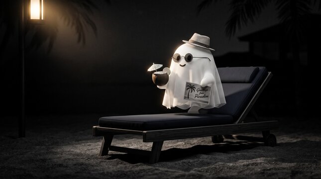 Cute Ghost on Vacation Relaxing at Night Beach