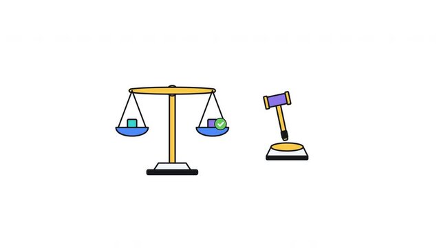 2D SVG Color-Line animation illustrating the scales of justice balancing law and evidence, finalized by a court gavel strike confirming a verdict.