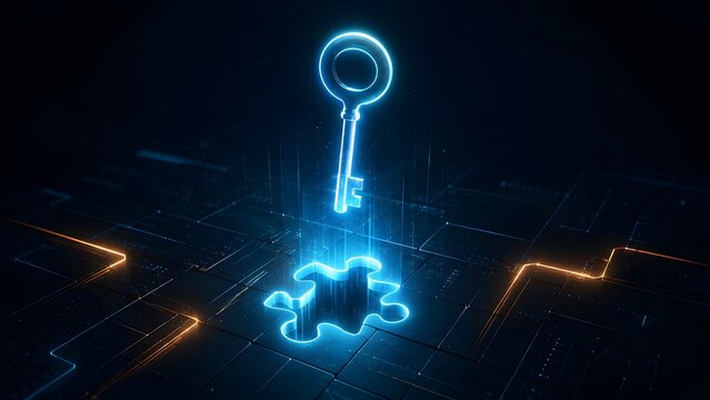 Glowing blue key floating above a matching puzzle piece hole symbolizing digital solutions cybersecurity and unlocking success.
