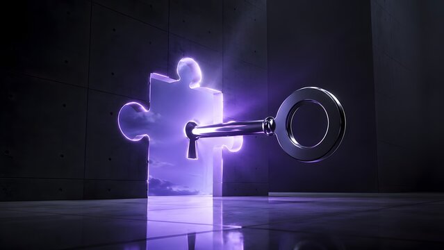 Silver key unlocking a glowing puzzle shaped doorway in a dark wall revealing a bright sky symbolizing new business opportunities.