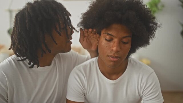 Two men on a bed, one whispering into the other's ear while the listener covers his mouth with his hand in a building bedroom setting; quiet intimacy.