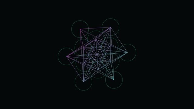 Abstract glowing wireframe Metatrons cube sacred geometry symbol rotating on black background spiritual mystic