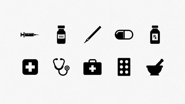 Healthcare set of black medical icons including syringe, stethoscope, first aid kit, pill bottle, capsule, and mortar for web and mobile designs.