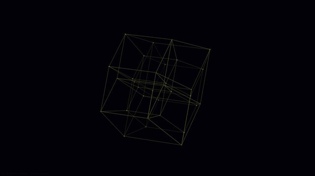 Rotating Wireframe Tesseract Hypercube Golden Lines On Black Background Four Dimensional Geometry Concept Art