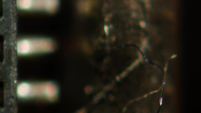 Microscope Macro Close-up Shot of Microchip, CPU Processor on Printed Circuit Board, Computer Motherboard with Components Inside of Electronic Device, Part of Supercomputer microscop.