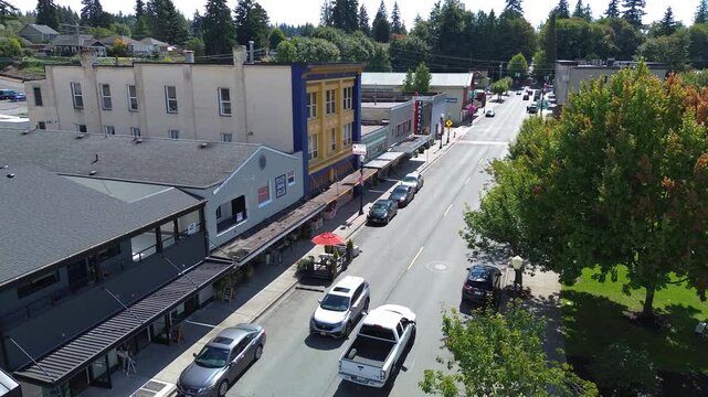 Aerial view of downtown Arlington, Washington, a vibrant small town in the Pacific Northwest.
