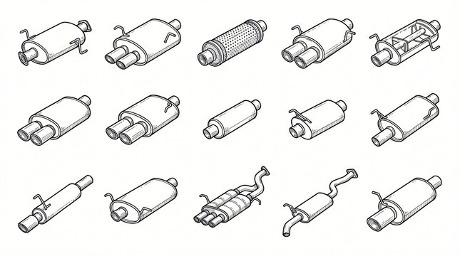 Car Exhaust Muffler Line Art Doodle Illustration Set Hand Drawn Rear Muffler Oval Silencer Box Dual Tip Performance Straight Through Sport Unit Side Isometric View Black Contour Strictly Textless