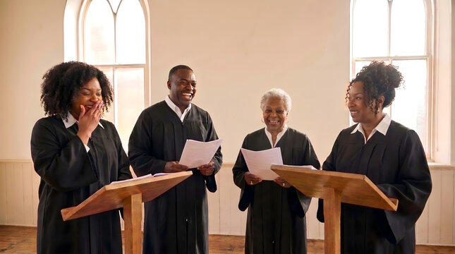 Gospel choir singers in robes share genuine laughter during rehearsal