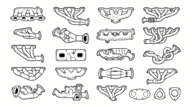 Car Engine Exhaust Manifold Line Art Doodle Collection Hand Drawn Tubular Steel Header Cast Iron Four Into One Racing Collector Flange Plate Stroke Weight Strictly Textless White Background