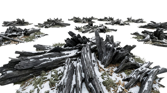 Tas de bois br&ucirc;l&eacute; et troncs d'arbres carbonis&eacute;s recouverts d'une fine couche de neige fra&icirc;che sur un fond blanc isol&eacute; pour des projets de design hivernal