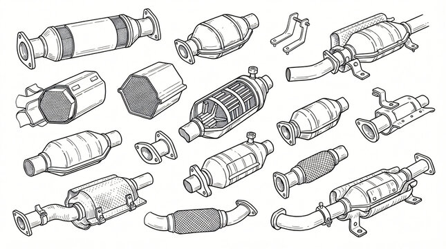 Car Catalytic Converter Diesel Particulate Filter Line Art Doodle Illustration Bundle Hand Drawn Emission Control Ceramic Honeycomb DPF Housing Heat Shield Minimalist Contour Strictly Textless