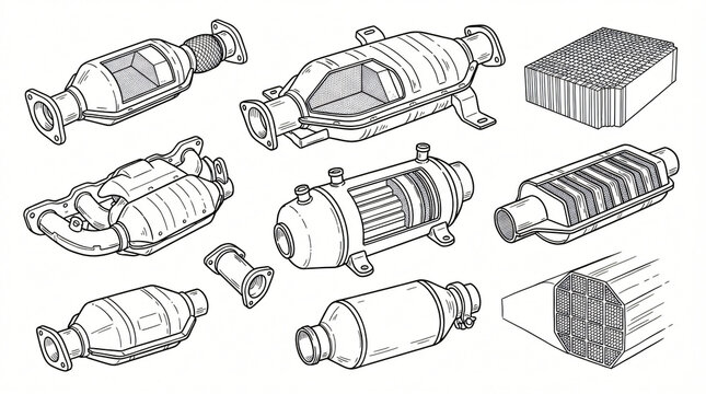 Car Catalytic Converter Diesel Particulate Filter Line Art Doodle Illustration Bundle Hand Drawn Emission Control Ceramic Honeycomb DPF Housing Heat Shield Minimalist Contour Strictly Textless