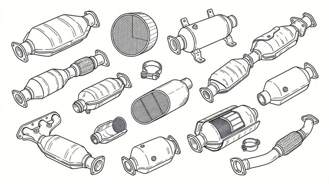 Car Catalytic Converter Diesel Particulate Filter Line Art Doodle Illustration Bundle Hand Drawn Emission Control Ceramic Honeycomb DPF Housing Heat Shield Minimalist Contour Strictly Textless