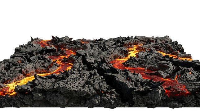 Vue en perspective d'une coul&eacute;e de lave en fusion s'&eacute;coulant &agrave; travers des roches volcaniques noires et rugueuses sur un fond blanc isol&eacute; pour une utilisation cr&eacute;ative.