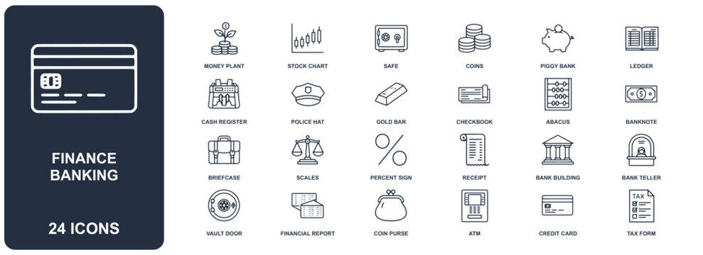 Finance and banking icon set featuring 24 linear symbols including credit card, vault, gold bar, piggy bank, and financial reports on white background