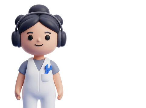 Personnage 3D stylis&eacute; d'une femme m&eacute;canicienne portant un casque audio et une combinaison blanche avec une cl&eacute; &agrave; molette dans sa poche, isol&eacute; sur un fond blanc avec espace de copie.