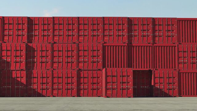 Commercial transport network, towering wall of red shipping containers outdoors. 3D animation.