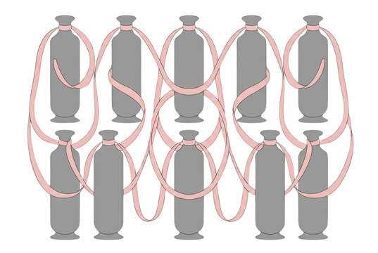 Illustration vectorielle de bouteilles grises stylis&eacute;es reli&eacute;es par un ruban rose entrelac&eacute; formant un motif d&eacute;coratif r&eacute;p&eacute;titif sur un fond blanc &eacute;pur&eacute;