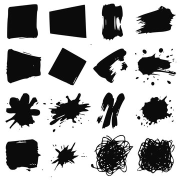Paint brush strokes. Black vector rough edge rectangles. Grunge square frames set. Jagged edge torn paper background collection. Grungy distressed text boxes. Transparent background PNG version.