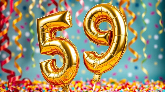 Birthday balloon number fifty nine, golden letter figure 59 celebration background AI Generative