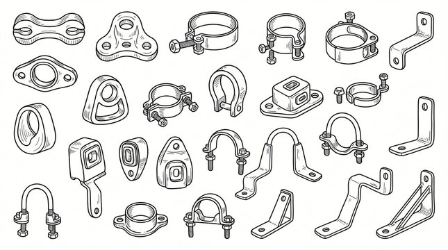 Car Exhaust Hanger Rubber Mount Pipe Clamp Line Art Doodle Element Set Hand Drawn Silencer Hanger Heavy Duty U Bolt Bracket Contour Black White Flat Design Strictly Textless White Background