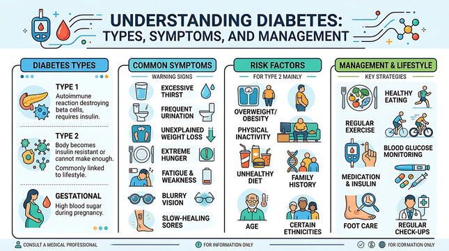 Understanding Diabetes: Types, Symptoms, Risk Factors, Management & Lifestyle Infographic. Medical Health Education, Blood Sugar Control, Healthy Habits Visual Guide.