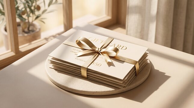 Elegantly Presented Stack of Beige Gift Cards Tied with Golden Ribbon, Ready for Special Celebrations
