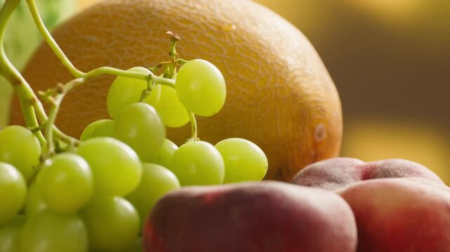 Grape green grapes with peaches and melon, fresh fruit assortment close-up macro shot