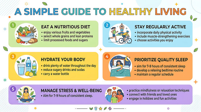 Healthy Living Infographic: Nutrition, Exercise, Hydration, Sleep, Stress Management Tips for Wellness & Lifestyle