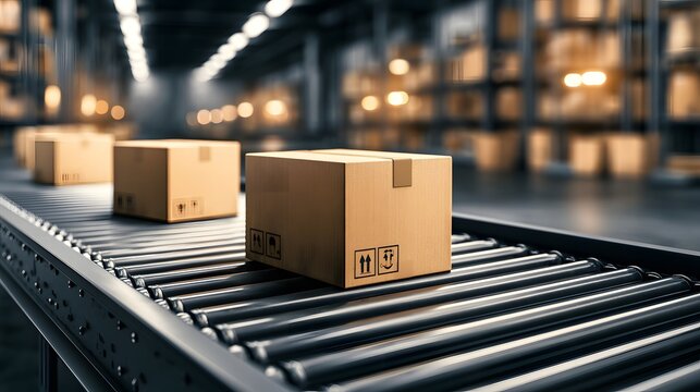 Cardboard boxes move along a roller conveyor belt in a large distribution warehouse. Concept of automated shipping and logistics solutions for global e-commerce supply chains.