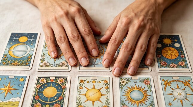 Elegant hands are resting on tarot cards spread across a table. Perfect for esoteric articles, fortune telling guides, and spiritual blogs.